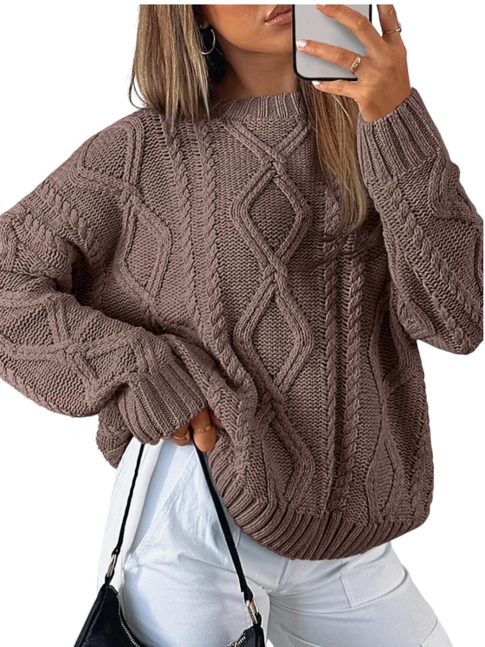 Oversized Cable Knit Crewneck Sweater in Nutmeg